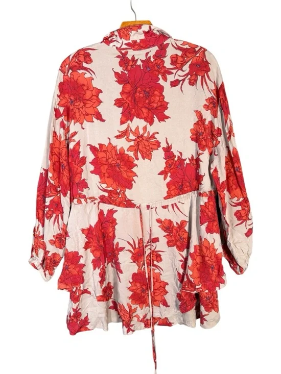Free People Floral Long Sleeve Mini Dress Boho Grey Red OVersized XS - Picture 2 of 9